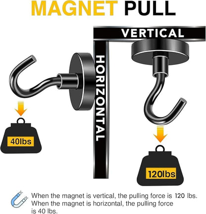 DIYMAG Black Magnetic Hooks, 120 LB Heavy Duty Strong Magnets with Hook, Rare Earth Neodymium Magnet for Cabins Cruise Ship Essentials 8 Packs