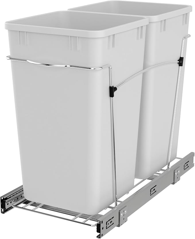 Rev-A-Shelf Double 27 Qt Pullout Trash Can for Base Kitchen Cabinets, Garbage Waste Bin System with Full Extension Slides, Min Opening Width of 11.5", White, RV-15KD-11C S