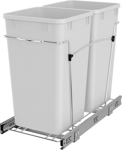 Rev-A-Shelf Double 27 Qt Pullout Trash Can for Base Kitchen Cabinets, Garbage Waste Bin System with Full Extension Slides, Min Opening Width of 11.5", White, RV-15KD-11C S