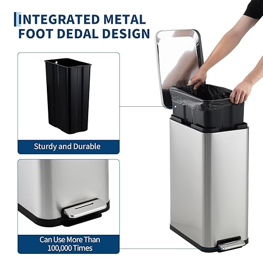 13-Gallon Kitchen Trash Can, 50-Liter Slim Stainless Steel Pedal Trash Bin, Pedal Trash Can with Soft-Close Lid, Fingerprint-Resistant, with Removable Inner Bucket, Suitable for Small Spaces,Bathroom