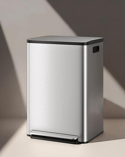 Garvee 13 Gallon Trash Can Kitchen Garbage Bin with Removable Inner Buckets 50L Stainless Steel Step-on Metal Large Waste Cans with Soft Close Lid Silver