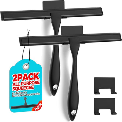 ALFLOD 2PACK All-Purpose Shower Squeegee for Shower Doors, Tile Shower Walls, Bathroom, Window, Glass and Car Windshield, Mirrors and Kitchen-Stainless Steel, 9.8 Inches, Black