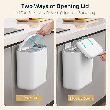 MUEE Compost Bin Kitchen for Counter Top or Under Sink, Hanging Small Trash Can with Lid [1.8 Gal/6.8L], Food Waste Bin, Mountable Garbage Can for Cupboard/Bathroom/Bedroom/Office/RV, Matte White