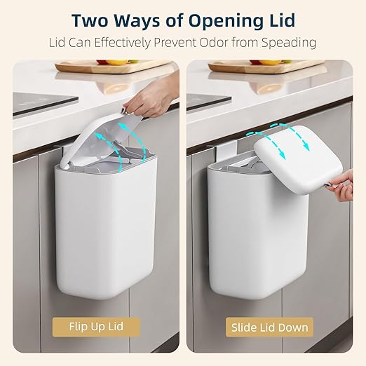 MUEE Compost Bin Kitchen for Counter Top or Under Sink, Hanging Trash Can with Lid [2.3 Gal/8.8L], Food Waste Bin, Mountable Garbage Can for Cupboard/Bathroom/Bedroom/Office/RV, Matte White