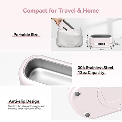 Jewelry Cleaner Ultrasonic Machine, Upgraded 48KHz Ultrasonic Cleaner with 304 Stainless Steel for Jewelry, Eyeglasses, Rings, Watch Strap, Dentures-Pink