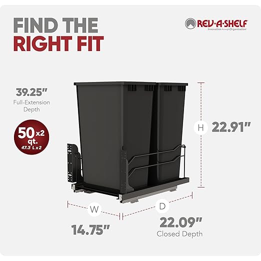 Rev-A-Shelf Double Pullout Trash Cans for Full Height Kitchen Cabinets 50 Quart 12.5 Gallon with Soft-Close Slides, 14.5" Min Opening, 53WC-2150SCDM-218