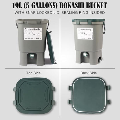 20L Bokashi Compost Bin, 5.28 Gallon Compost Bin for Kitchen Composter with Lid, Bokashi Start Kit with Bran (Tan & Dark Green) (18.8L/5 Gal Grey)