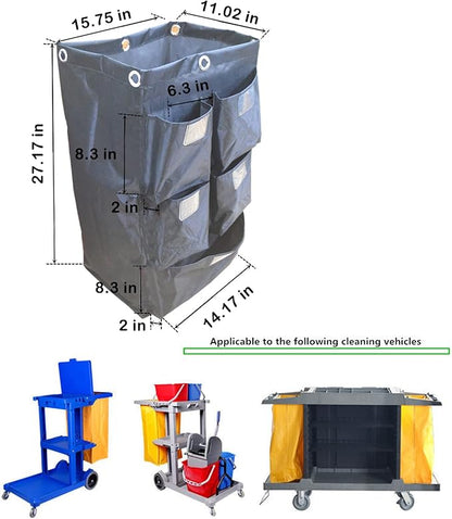 Replacement Janitorial Cart Bag, High Capacity Waterproof Thickened Housekeeping Commercial Janitorial Cleaning Cart Bag with 6 Brass Grommets - 25 Gallon (Black with 5 Pockets)