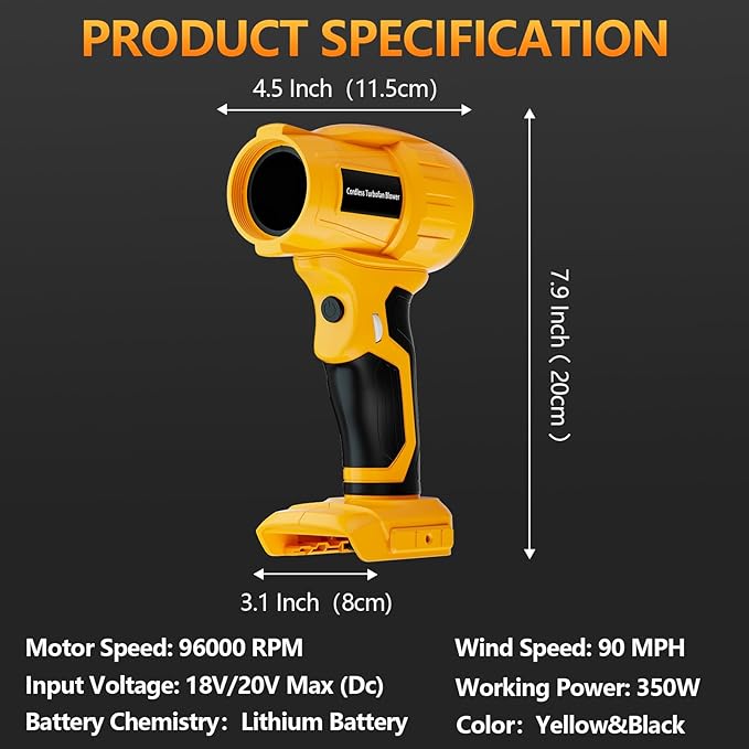 Mini Blower Cordless Air Blower Duster Compatible with Dewalt 20V Max Battery, Handheld Blower Turbo Jet Fan Dust 350W 96000 RPM Adjustable Wind Speed for Dust Removal Cleaning (Tool Only)