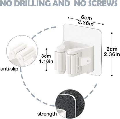 3-H 40 Pack Self Adhesive Broom Holder Wall Mount - Heavy Duty No Drill Broom Organizer for Garage Closet Kitchen, Plastic Storage Rack for Brooms Mops Tools, Peel and Stick Adhesive, White