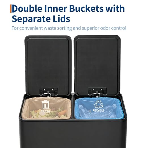 Dual 2 x 5.3 gal (2 x 20L) Stainless Steel Trash Can with Recycling Bin, Soft-Close Lid, Foldable Anti-Slip Step-on Pedal, Stainless Steel Handle, Removable Plastic Inner Buckets for Kitchen or Office