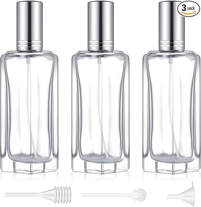 Domensi 3 Pcs 30 ml Glass Perfume Bottles Refillable Cologne Atomizer Empty With Dispenser Tools, Pocket Spray Bottle for Travel and Sample Container (Silver)