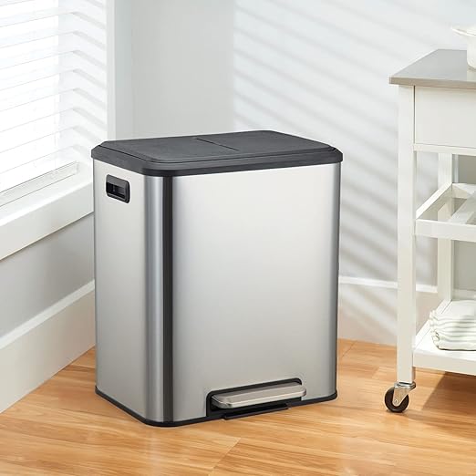 GAOMON Kitchen Dual Trash Can and Recycling Bin, 2 x 4 Gallon Stainless Steel Trash Can, 30 Liter, Removable Inner Bin and Soft Close Lid, Suitable for Home, Office, Business - Silver