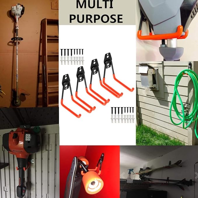 Storage Double Hooks Garage Space Saver Organizer Utility Hanger,Rack Extended Wall Mount Tool Heavy Duty Steel Holder with Anti-Slip Coating (4 Pack Orange 5.1" Medium Hook)