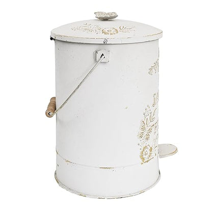 Rustic Farmhouse Decor Trash Can with Lid and Pedal Retro Handmade Distressed Design Pattern Round Garbage Cans Recycling Waste Bin for Home Patio Yard Bathroom Kitchen Garden Living Room White&Gold
