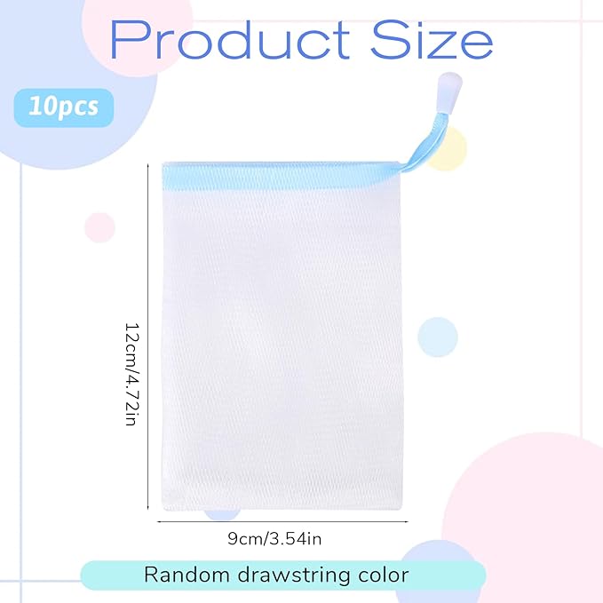 Styquenzer 10 PCS Exfoliating Mesh Soap Pouches, Soft Soaps Saver Bags with Drawstring, Gentle Foam Net Pouch for Bath Shower Spa, Handmade Soap Holder Sack for Body Face Cleansing (Color Random)