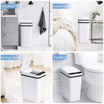 Anborry Bathroom Trash Cans with Lid Touchless Automatic Motion Sensor 4 Gallon Small Garbage Can, Smart Electric Plastic Narrow Garbage Bin for Living Room Bedroom Office Kitchen (White)