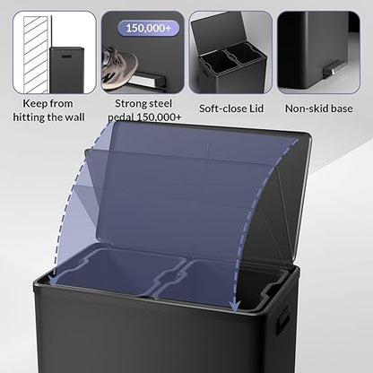 Large Stainless Steel Dual Compartment Recycling Trash Can 60 l/16 Gal Recycle Bins with Lid Waste Bin with Removable Buckets, Bathroom,Kitchen Garbage Can,Black