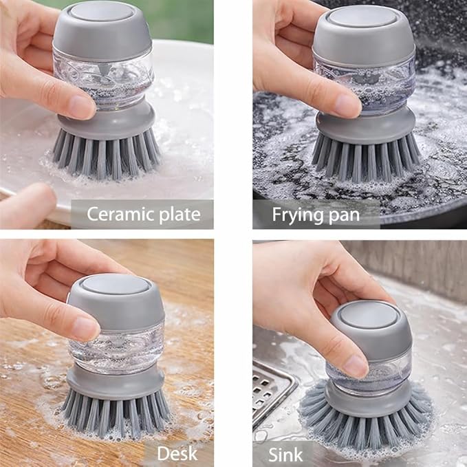Soap Dispensing Dish Scrubber Brush with Storage Bracket - Replaceable Palm Brush for Kitchen Pot, Pan and Sink Cleaning, Drainage Base, Dish Washing Brush, Kitchen Brush for Cleaning