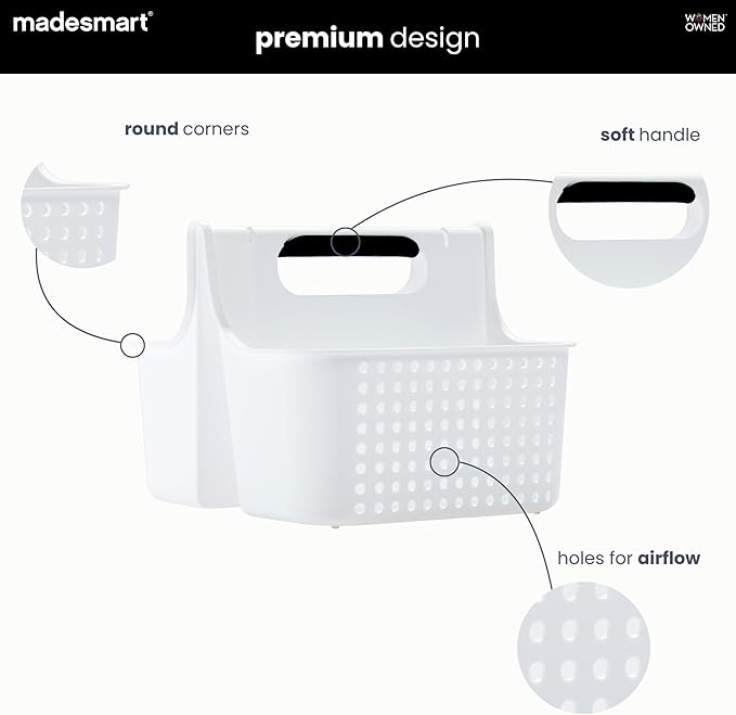 madesmart Large Soft Handle Tote, Portable Shower Caddy and Cleaning Supply Organizer, BPA-Free Plastic Storage Basket with Soft Grip Handle and Ventilation, 12 x 10 x 8 Inches, White