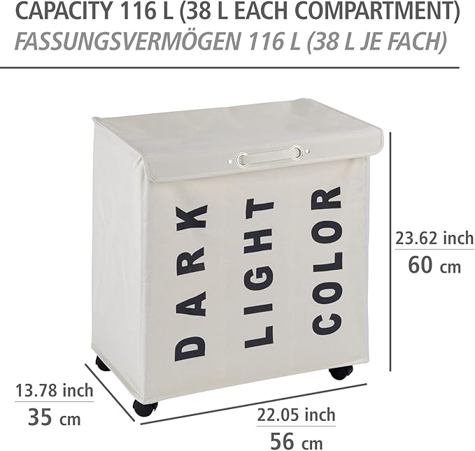 WENKO Trivo Laundry Sorter with 3 Sections (Dark, Light, Color), Laundry Basket on Wheels with Handle, Laundry Hamper with Lid, Beige, 30.6 gal, 22 x 23.6 x 13.8 in