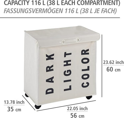 WENKO Trivo Laundry Sorter with 3 Sections (Dark, Light, Color), Laundry Basket on Wheels with Handle, Laundry Hamper with Lid, Beige, 30.6 gal, 22 x 23.6 x 13.8 in