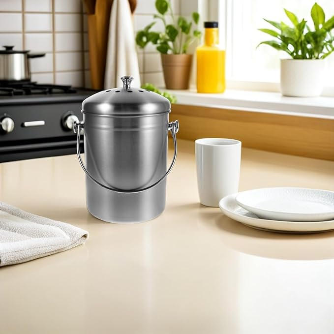 Garneck Stainless Steel Kitchen Compost Bin with Lid Odorless Countertop Food Waste Bucket Metal Compost Pail for Indoor Kitchen Trash and Food Scraps Management