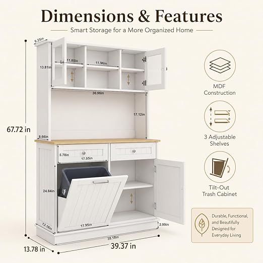 RASOO Trash Can Cabinet 67.7" Tall Kitchen Pantry Storage Sideboard Freestanding Tilt Out Trash Can 10 Gallon Glass Doors with 2 Drawers Microwave Coffe Bar