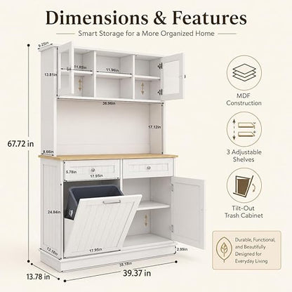 RASOO Trash Can Cabinet 67.7" Tall Kitchen Pantry Storage Sideboard Freestanding Tilt Out Trash Can 10 Gallon Glass Doors with 2 Drawers Microwave Coffe Bar