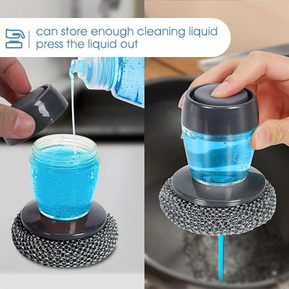 Comfort Grip Soap Dispensing Kitchen Scrub, Dish Brush Soap Dispenser, Multifunctional Pressing Cleaning, with Built-in Liquid Dispenser, Replaceable Nylon Bristles (1 Set)