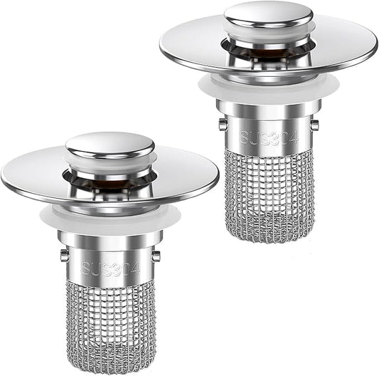 Bathroom Sink Drain Strainer,(2PCS) Pop-up Sink Drain Strainer with Removable Stainless Steel Strainer Basket Hair Catcher, Bathroom Sink Strainer for Bathroom Sink Stopper Replacement