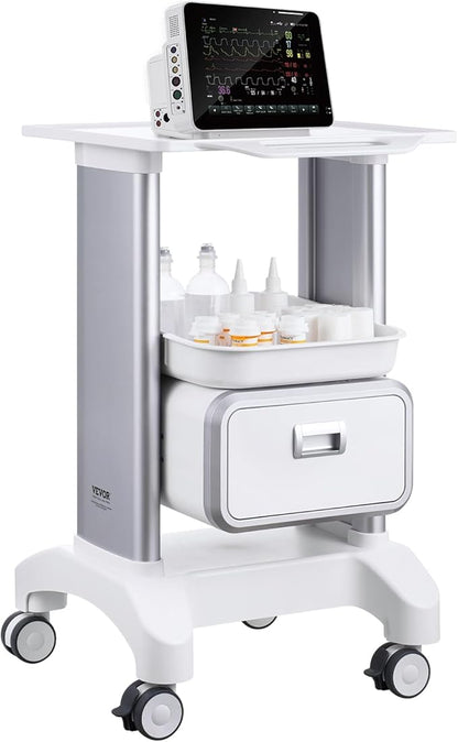 VEVOR Medical Trolley Storage Cart with Removable Drawer, Rolling Lab Tray Cart with Wheels for Ultrasound, Dental Clinic, Lab, Beauty Salon, Office