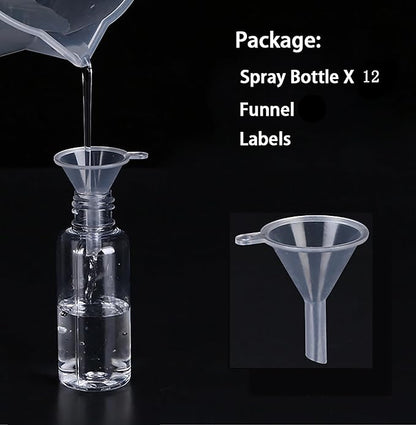 TINFO Spray Bottles, 12 Pack 4oz 120ml Clear Empty Fine Mist Plastic Mini Travel Bottle Set, Small Refillable Liquid Containers, 4 Ounce