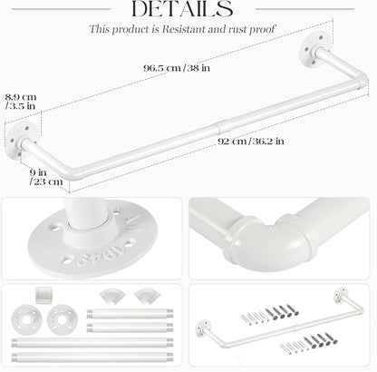 ERYTLLY Industrial Pipe Wall Mounted Clothes Rack,38 Inches Heavy Duty Detachable Garment Rack,Multi-purpose Hanging Rod for Closet,Set of 2,White