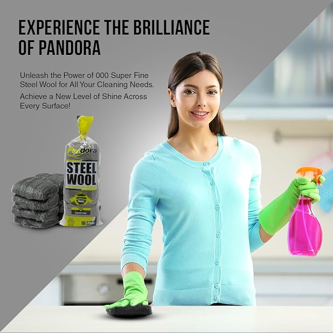 Pandora Steel Wool #000-16 Pads for Buffing and Cleaning - Quality Metal Strands - Ideal for Wax and Polish Removal