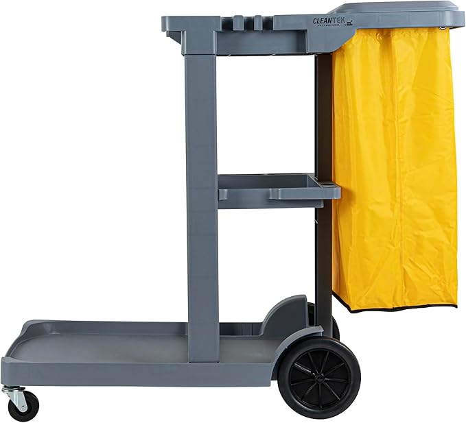 Restaurantware-Clean Tek Professional Janitor Cart with Wheels, 1 Cleaning Trolley with Cover and 18 Gallon Bag - 3 Shelves, Heavy-Duty, Gray Plastic Commercial Janitorial Cart, for Restaurants