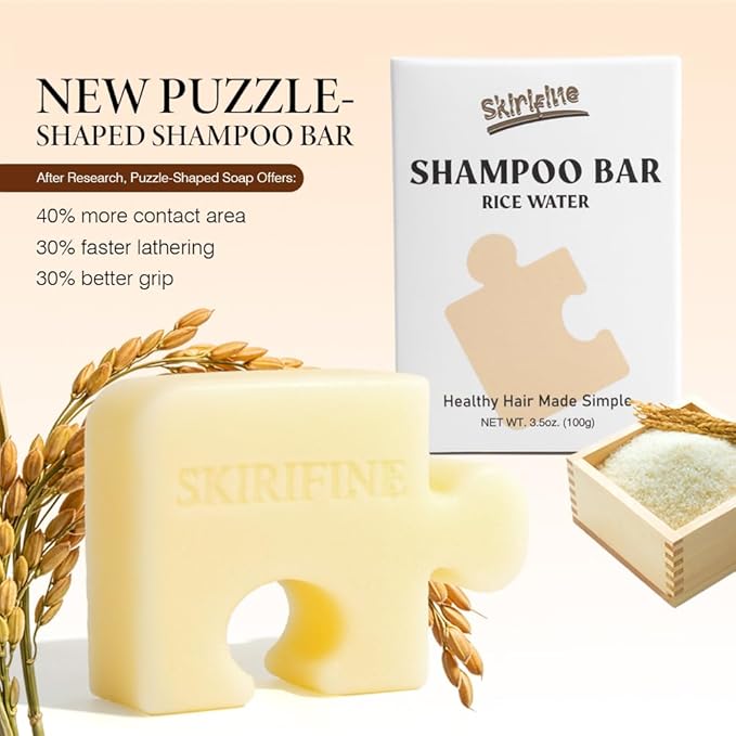 Puzzle-Shaped Rice Water Shampoo Bar – Gentle Cleansing & Moisturizing for Dry or Sensitive Scalp, Fermented Rice Scent, Vegan Solid Shampoo (3.5oz)