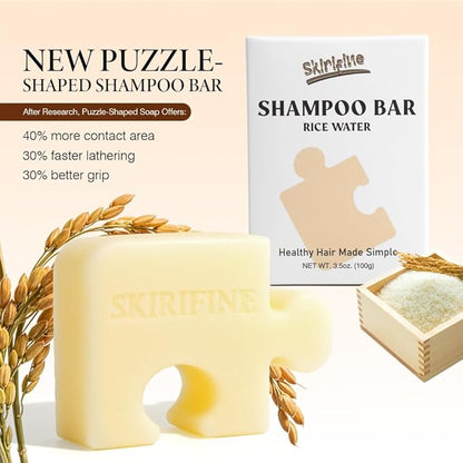 Puzzle-Shaped Rice Water Shampoo Bar – Gentle Cleansing & Moisturizing for Dry or Sensitive Scalp, Fermented Rice Scent, Vegan Solid Shampoo (3.5oz)