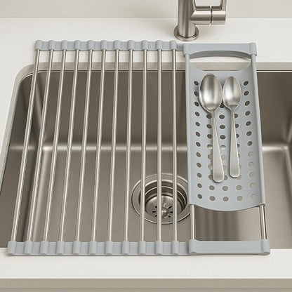 BNYD Roll Up Dish Drying Rack for Sink – 14.5" x 11" Stainless Steel Over The Sink Rack with Utensil Holder – Foldable, Heat-Resistant, Kitchen Counter Organizer