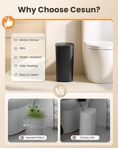 Cesun Motion Sensor Trash Can, 5 Gallon Automatic Bathroom Garbage Can with Lid, Touchless Smart Plastic Slim Wastebasket for Bathroom, Office, rv, Bedroom, Living Room, Black