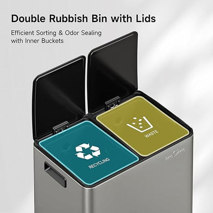 mVm 16(2x8) Gal Dual Trash Can, Stainless Steel Trash Can with Thick Lids, Recycling Bin for Kitchen Home Office (Gray)