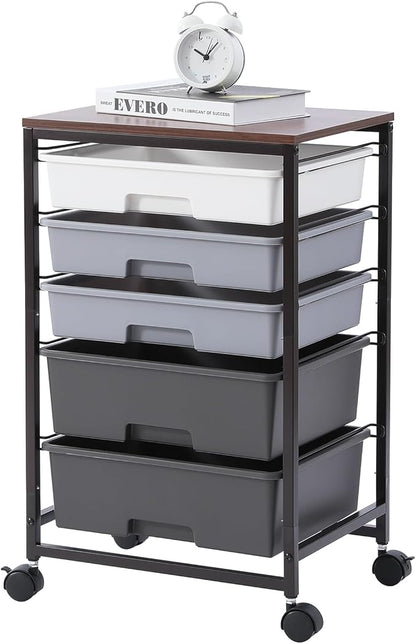 SYKIARIOL Utility Cart with 5 Drawers,Storage Drawer Cart with Wooden Tabletop and Lockable Wheels,Craft Storage Trolley Cart,5-Tier Rolling Utility Cart on Wheels,Dark Grey