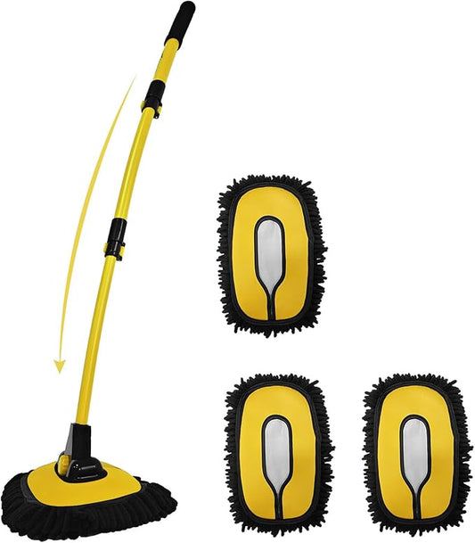 YeewayVeh Car Wash Brush Mop with Long Handle, 15° Curved Extension Pole Car Wash Kit with 3 Chenille Brush Head Covers for RV Truck Camper Cleaning, Yellow