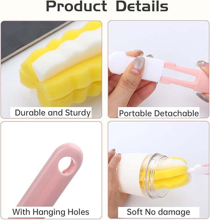 4 Pcs Bottle Brush Sponge, Cup Water Bottle Sponge Brush Cleaner, Detachable Cleaning Brushes for Cleaning with Handle for Baby Glasses Mugs(4Pcs+2 Heads)