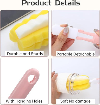 4 Pcs Bottle Brush Sponge, Cup Water Bottle Sponge Brush Cleaner, Detachable Cleaning Brushes for Cleaning with Handle for Glasses Mugs(4Pcs+2 Nipple Brushes)
