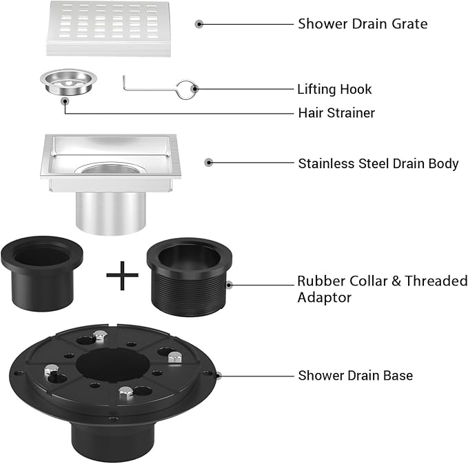 EXF Square Shower Drain 4-3/8 Inch Chrome, Stainless Steel Shower Floor Drain Kit with ABS Flange, Removable Cover Grid Grate, Hair Strainer