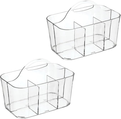 mDesign Plastic Portable Craft Storage Organizer Caddy Tote, Divided Basket Bin w/Handle - Craft, Sewing, Art Supplies - Holds Brushes, Colored Pencils - Lumiere Collection - Clear, 2 Pack