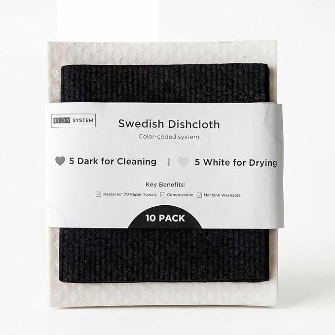 Swedish Dishcloths 10 Pack - Color-Coded Kitchen Cleaning Cloths - 5 Dark for Cleaning, 5 White for Drying - Replaces Paper Towels & Sponges - Eco Friendly, Compostable, Reusable