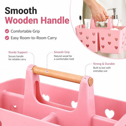 Pink Portable Shower Caddy with Wooden Handle, Plastic Shower Basket Organizer with Drainage Holes & 3 Compartments, Dorm Shower Caddy for College Students, Bathroom, Gym, Camping Toiletry Storage
