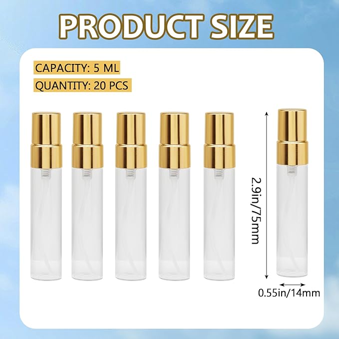Zorfeter 20 PCS Clear 5ml Atomizer Glass Mist Spray Bottle, Refillable Mini Perfume Atomizer Travel Sample Bottle, Golden Makeup Container for Perfume/Travelers